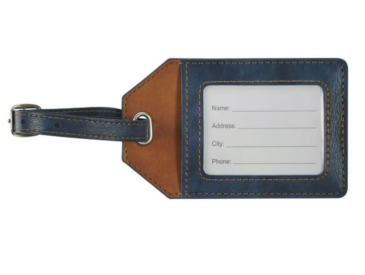 Strong and Courageous Butterscotch and Navy Faux Leather Luggage Tag - Joshua 1:9