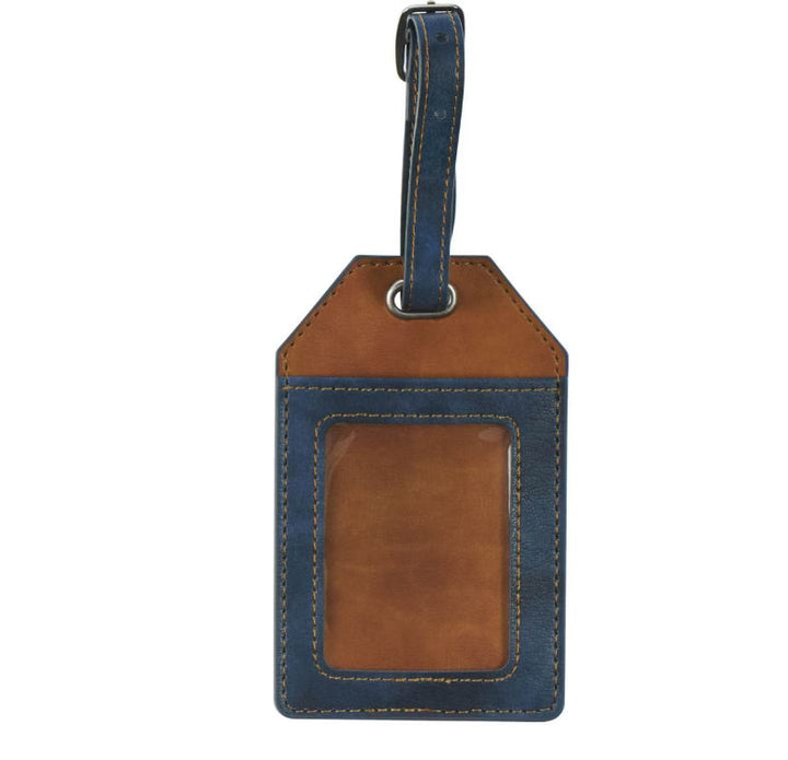 Strong and Courageous Butterscotch and Navy Faux Leather Luggage Tag - Joshua 1:9