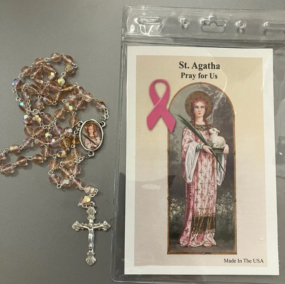 7mm Pink Crystal St. Agatha Rosary with Prayer Card
