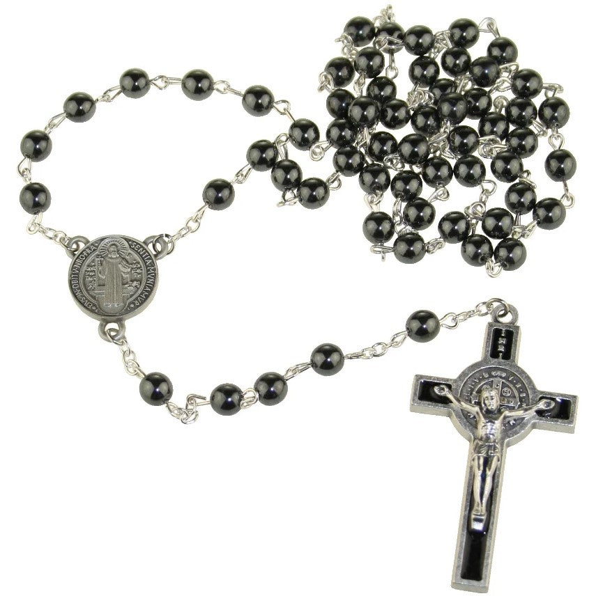 7mm Metallic Grey St. Benedict Glass Rosary