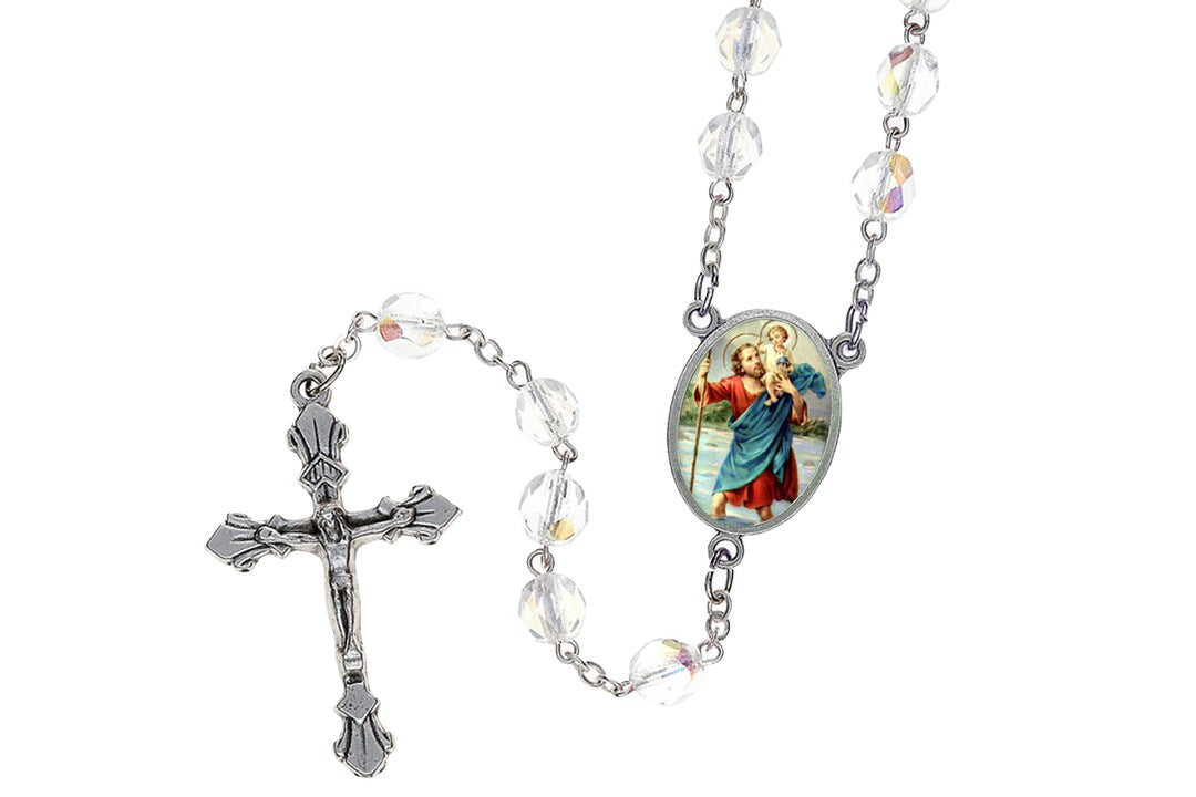 7mm Clear Crystal St. Christopher Rosary with Prayer Card