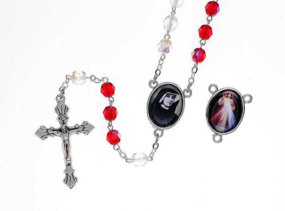 7mm Red Crystal Divine Mercy Rosary with Prayer Card