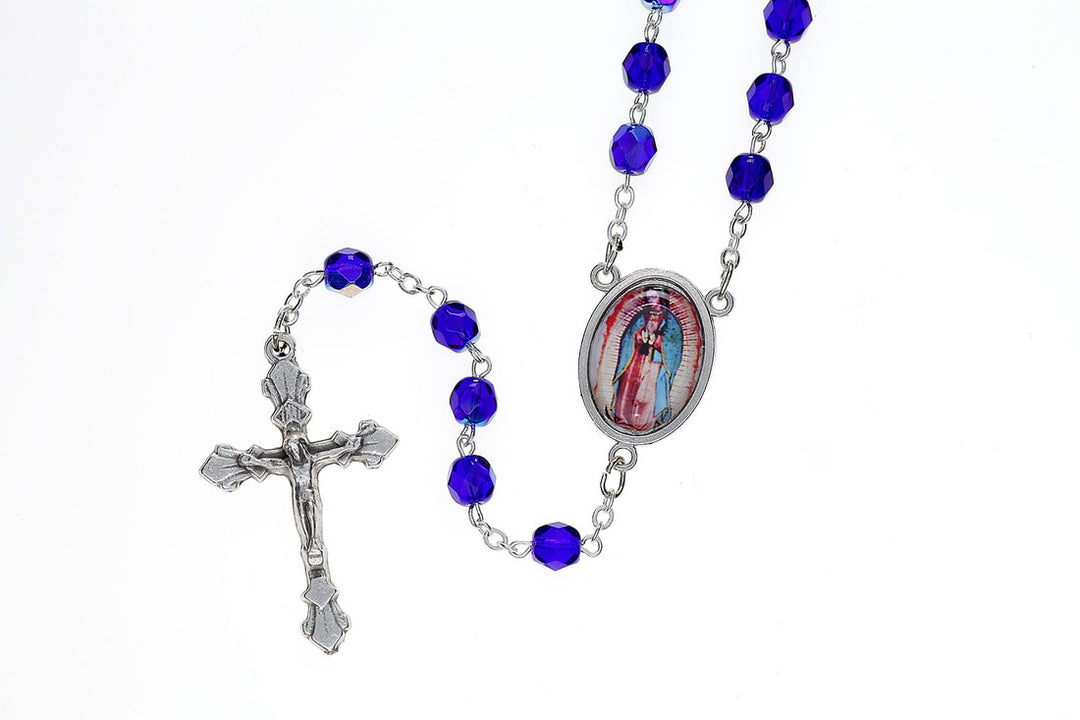 7mm Blue Crystal Our Lady of Guadalupe Rosary with Prayer Card