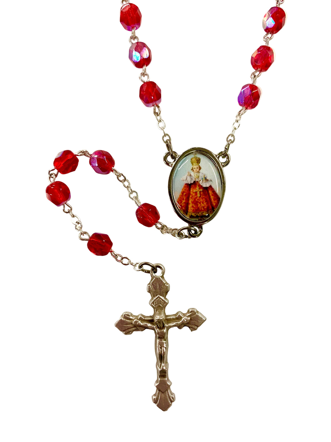 7mm Red Crystal Infant of Prague Rosary with Prayer Card