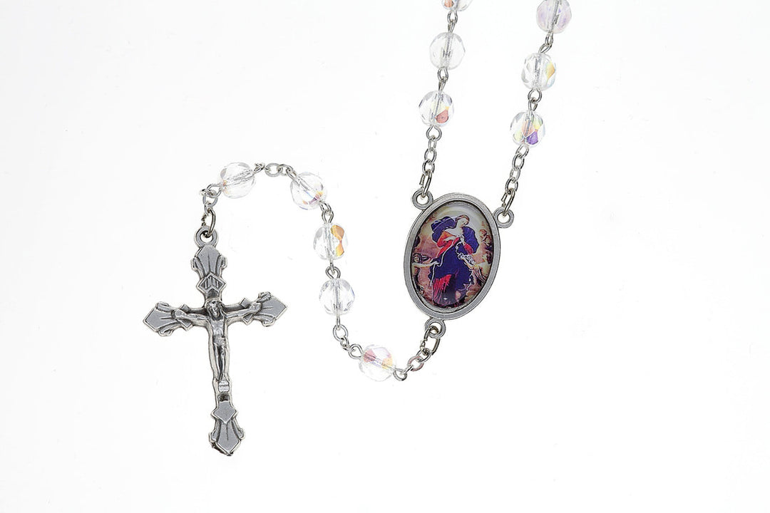 7mm Clear Crystal Our Lady Untier of Knots Rosary with Prayer Card