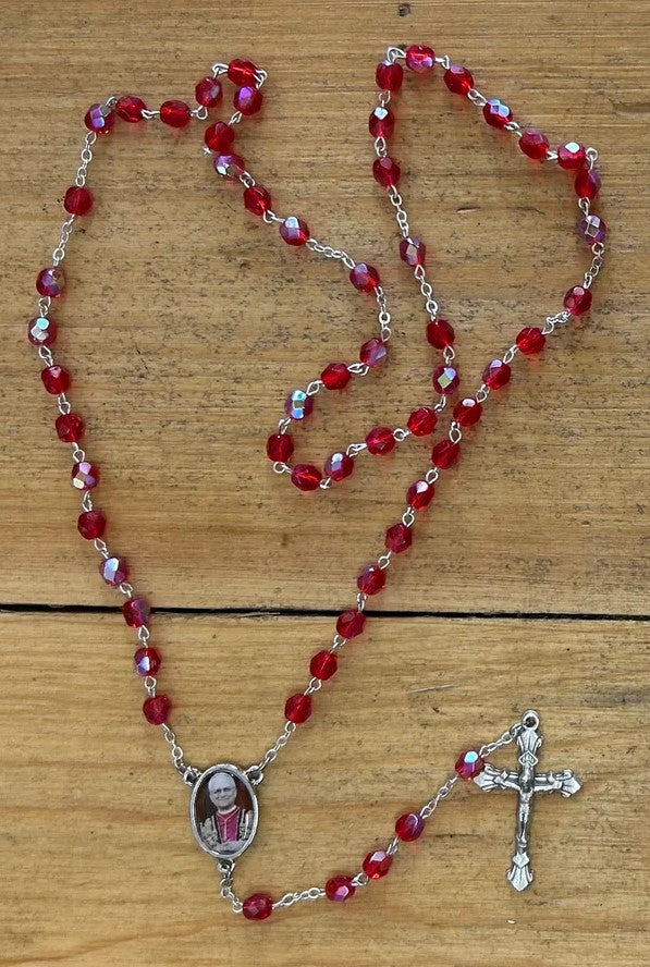 7mm Red Crystal Pope Leo XIV Rosary with Prayer Card