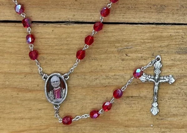 7mm Red Crystal Pope Leo XIV Rosary with Prayer Card