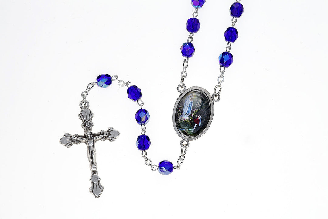 7mm Blue Crystal Our Lady of Lourdes Rosary with Prayer Card