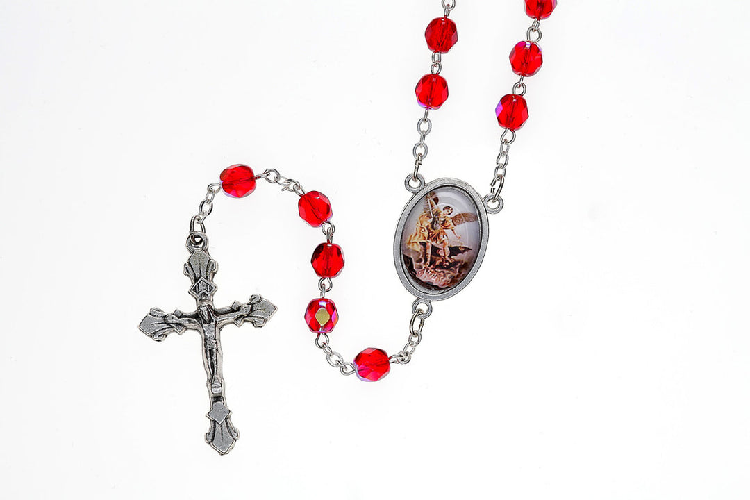 7mm Red Crystal St. Michael Rosary with Prayer Card