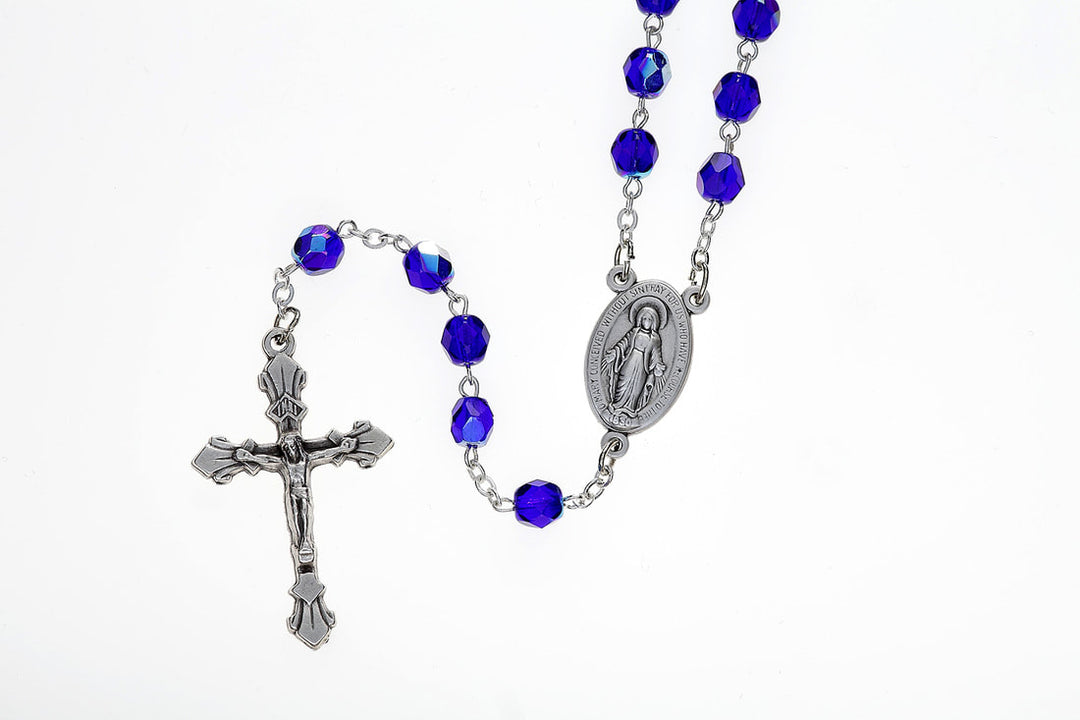 7mm Light Blue Crystal Miraculous Medal Rosary with Prayer Card