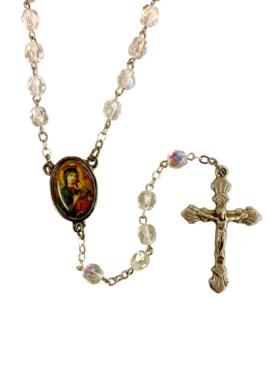 7mm Clear Crystal Our Lady of Perpetual Help Rosary with Prayer Card
