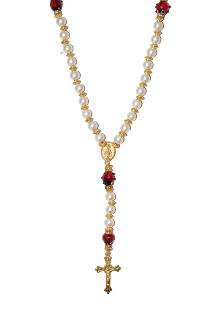 8mm Pearl Gold Lady Bug Rosary