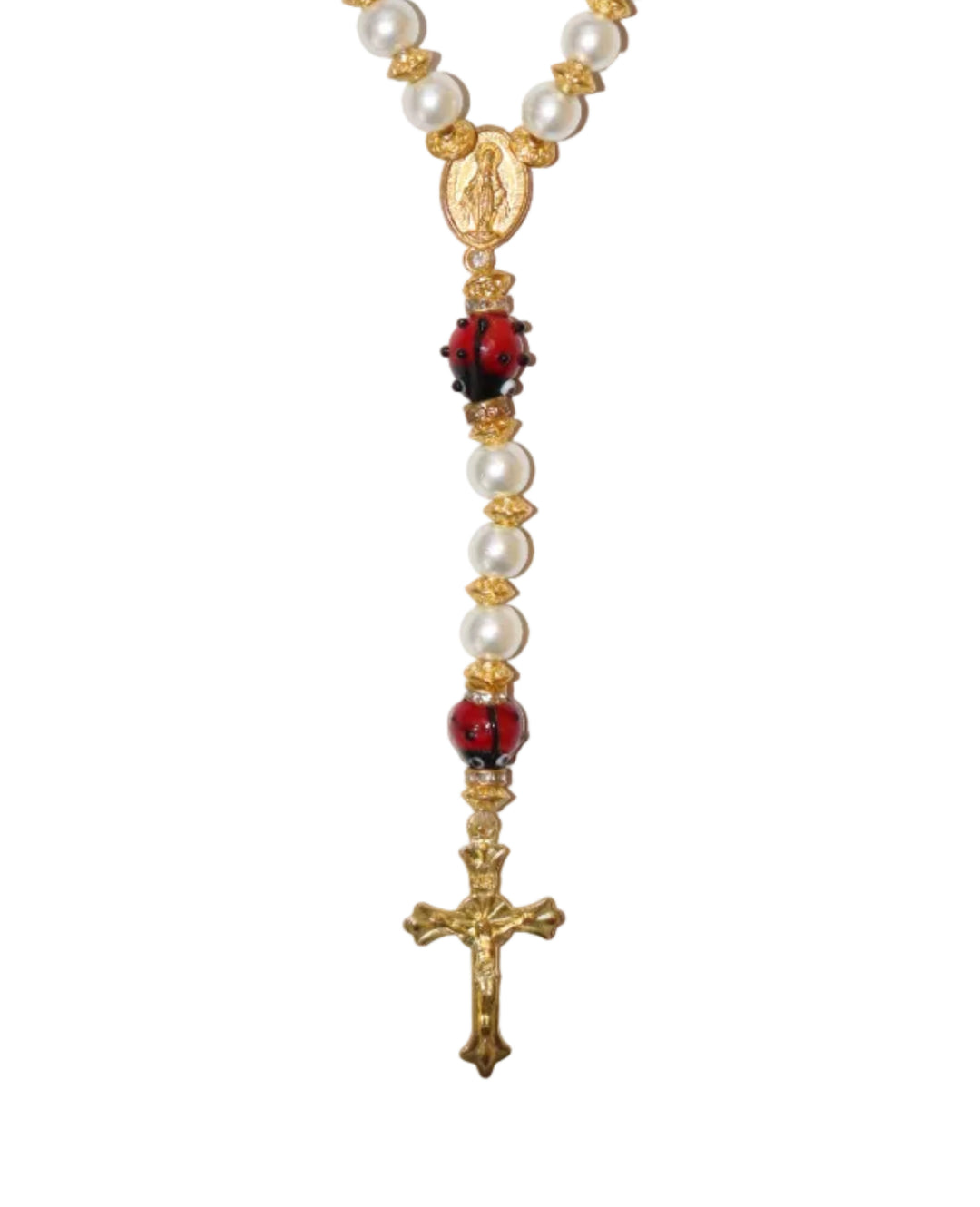 8mm Pearl Gold Lady Bug Rosary