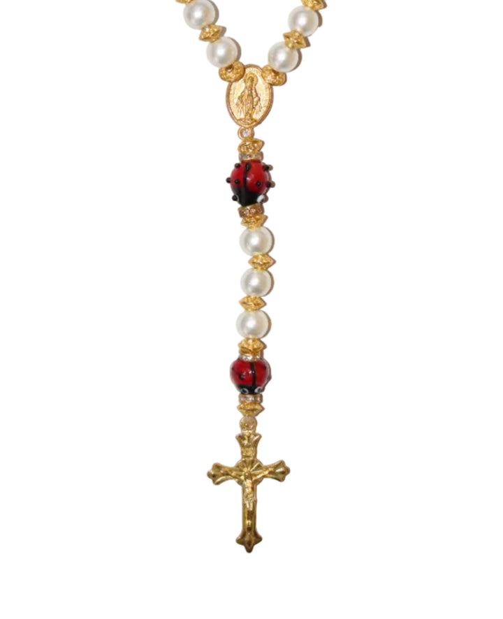 8mm Pearl Gold Lady Bug Rosary