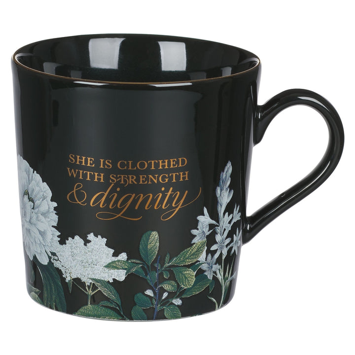 Strength and Dignity Black Floral Ceramic Coffee Mug - Proverbs 31:25