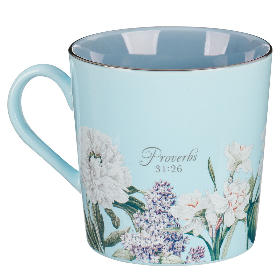 She Speaks with Wisdom Blue Floral Ceramic Coffee Mug - Proverbs 31:26