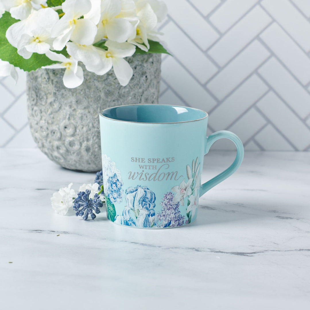 She Speaks with Wisdom Blue Floral Ceramic Coffee Mug - Proverbs 31:26