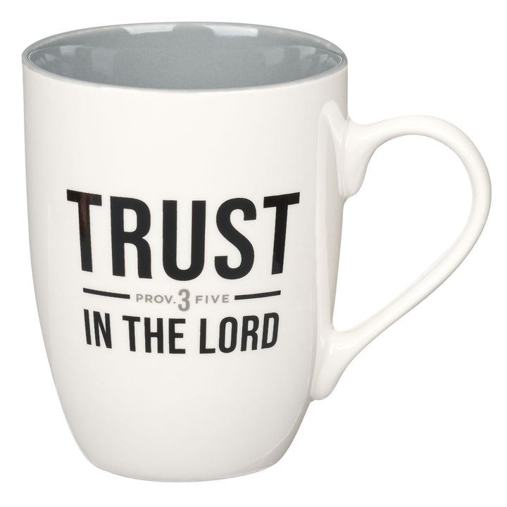 Trust in the Lord White and Gray Ceramic Coffee Mug - Proverbs 3:5