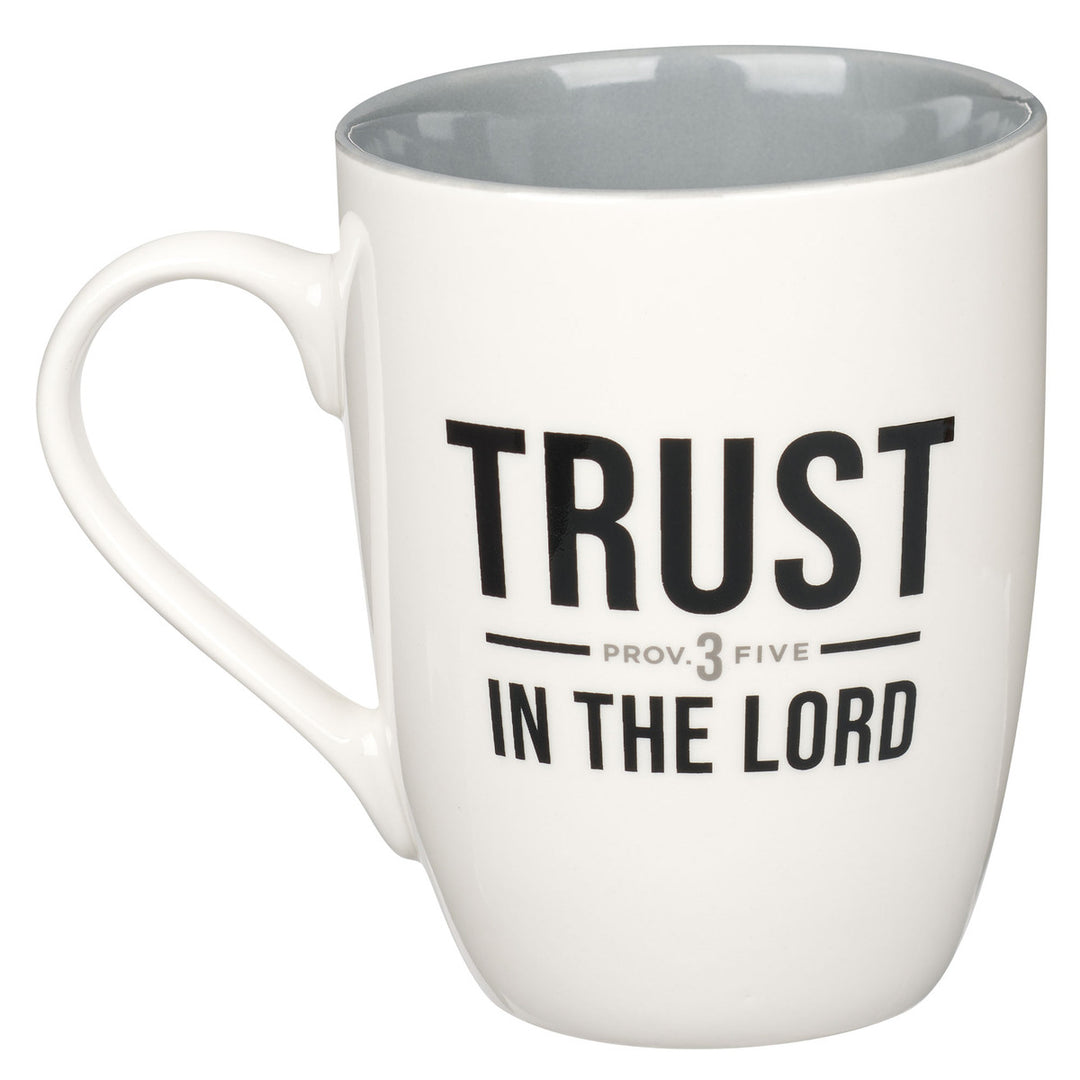 Trust in the Lord White and Gray Ceramic Coffee Mug - Proverbs 3:5