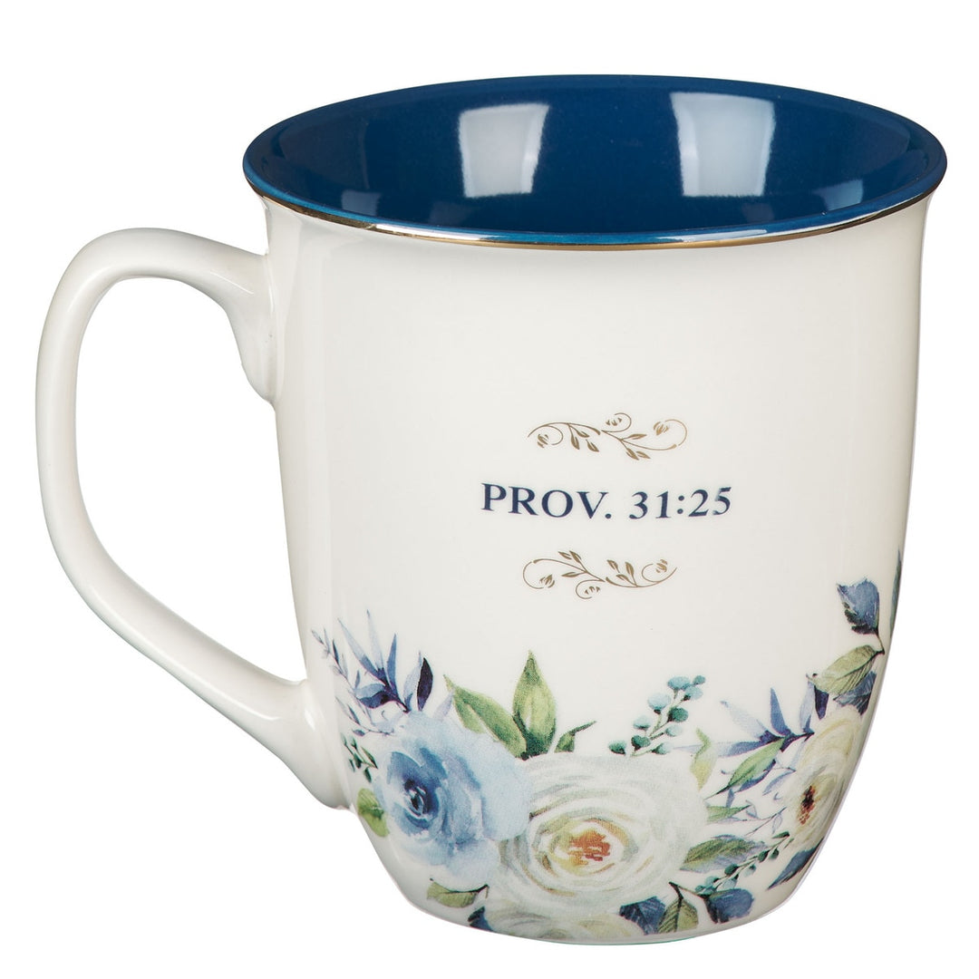 Strength and Dignity Indigo Rose Ceramic Coffee Mug - Proverbs 31:25