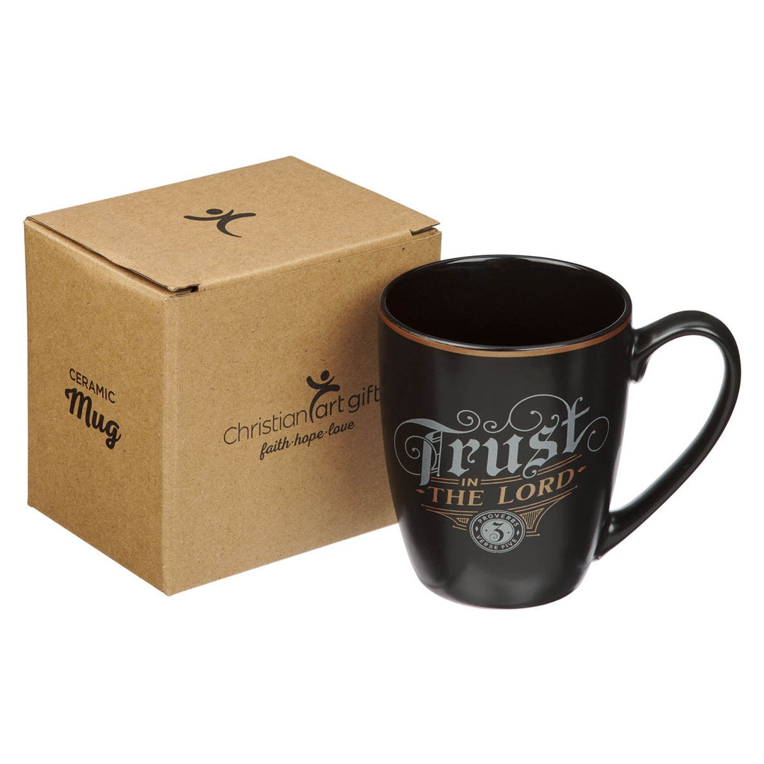 Trust in the Lord Black and Gold Ceramic Coffee Mug - Proverbs 3:5