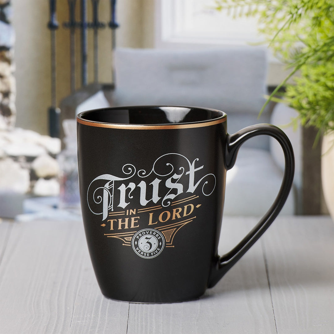 Trust in the Lord Black and Gold Ceramic Coffee Mug - Proverbs 3:5