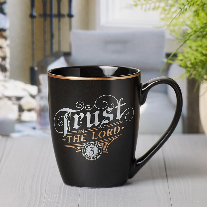 Trust in the Lord Black and Gold Ceramic Coffee Mug - Proverbs 3:5