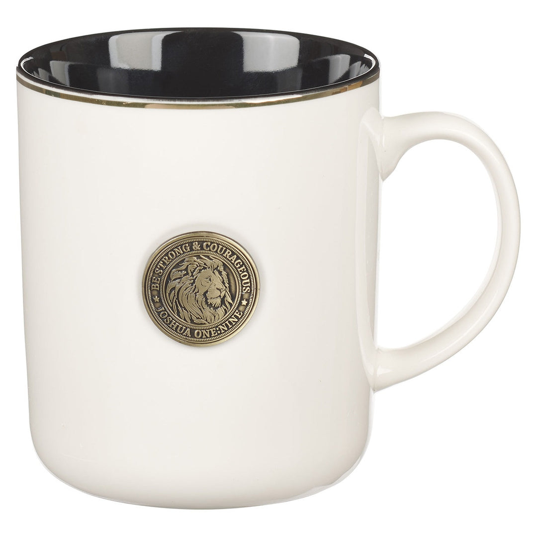 Strong and Courageous White Ceramic Coffee Mug with Metal Inlay - Joshua 1:9