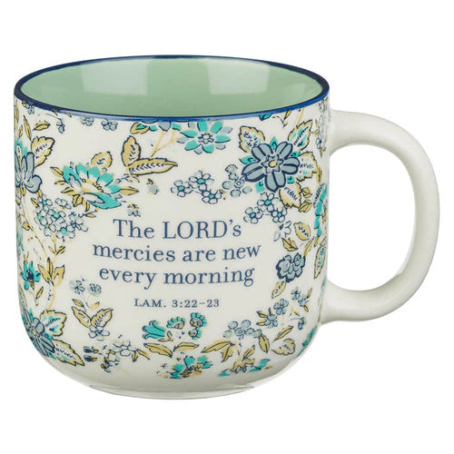 Morning Mercies Blue and Green Floral Ceramic Coffee Mug - Lamentations 2:22-23