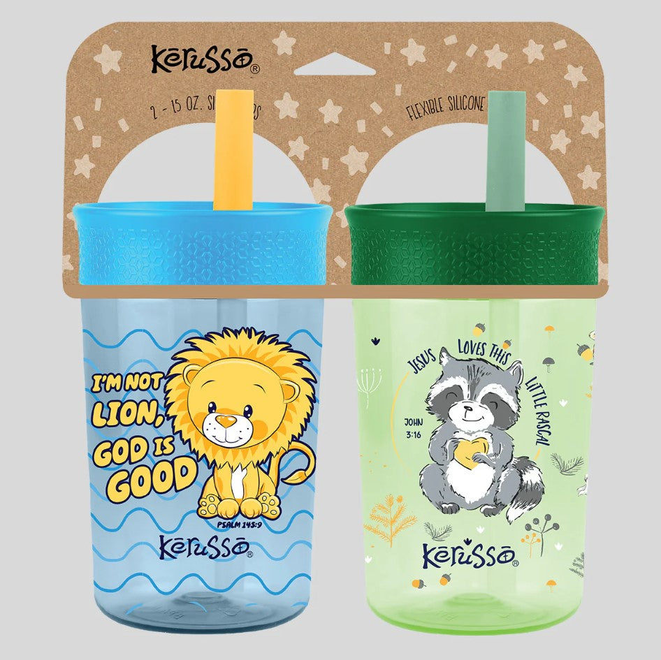 15 oz Silicone Straw Cup Raccoon & Lion (2 Pack)