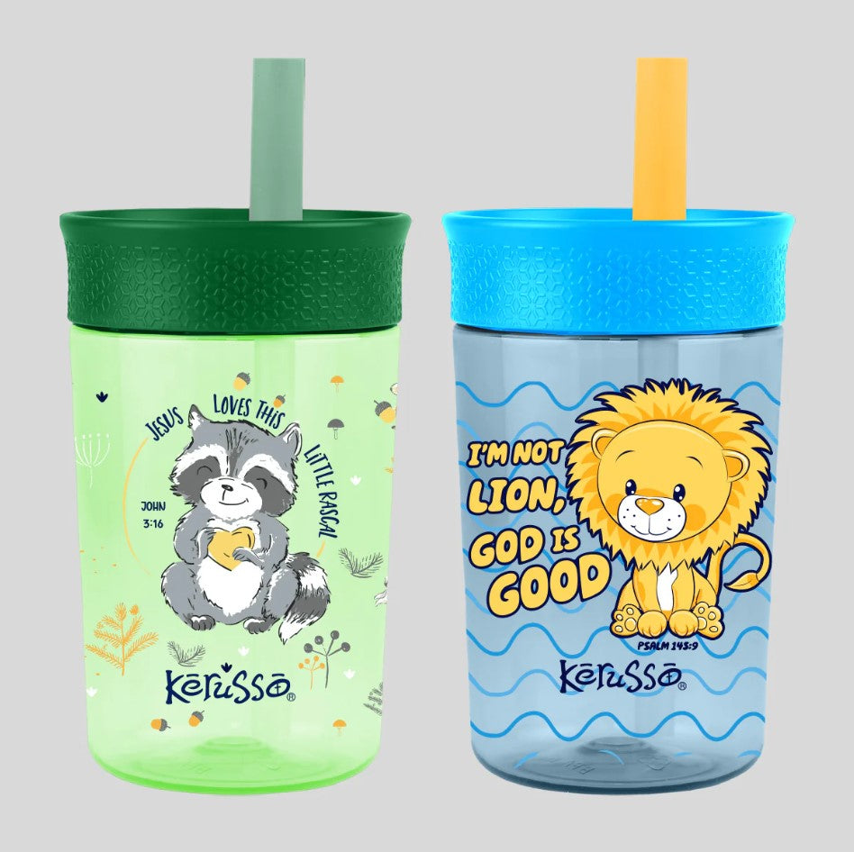 15 oz Silicone Straw Cup Raccoon & Lion (2 Pack)