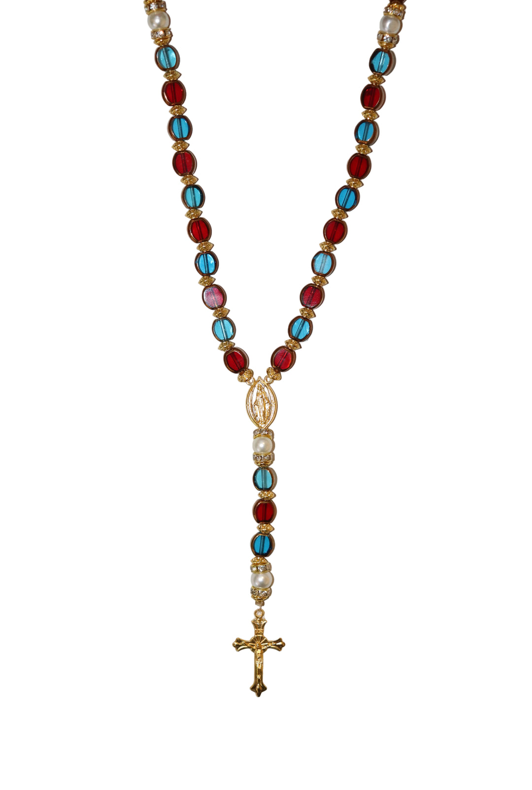 8mm x 10mm Red & Blue Glass Gold Our Lady of Grace Rosary