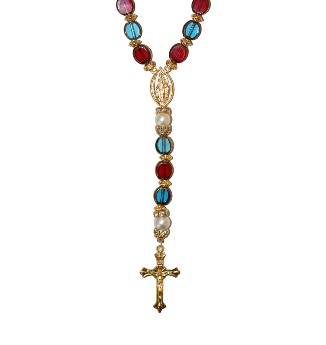 8mm x 10mm Red & Blue Glass Gold Our Lady of Grace Rosary