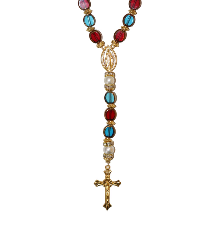 8mm x 10mm Red & Blue Glass Gold Our Lady of Grace Rosary