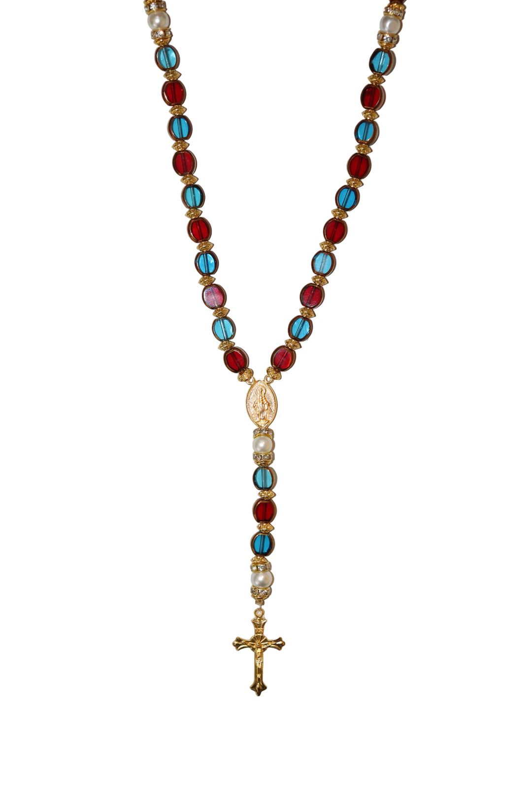 8mm x 10mm Red & Blue Glass Gold Miraculous Rosary
