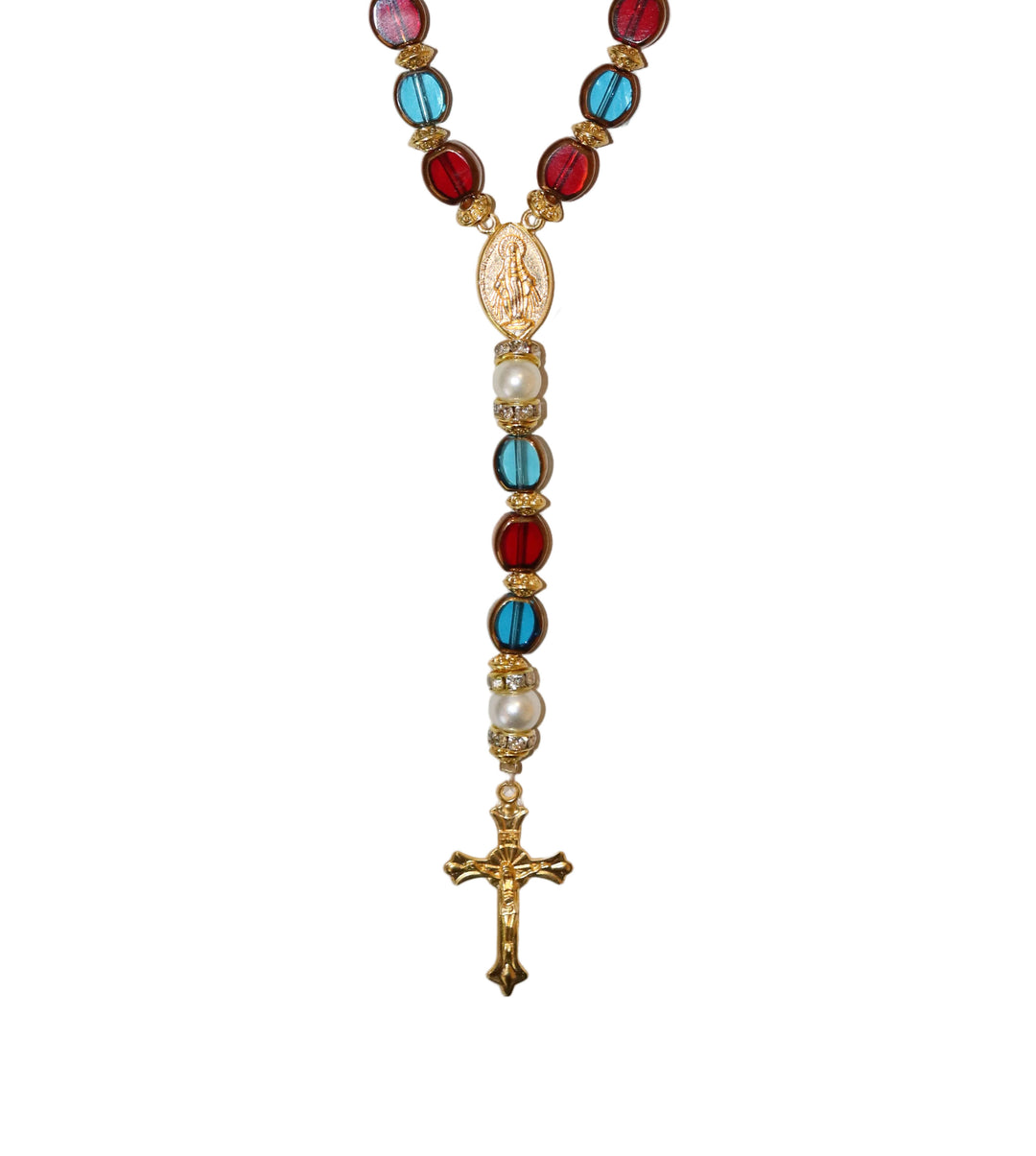 8mm x 10mm Red & Blue Glass Gold Miraculous Rosary