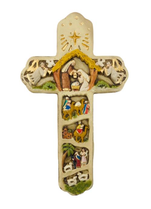 11" Handmade Color Nativity Cross