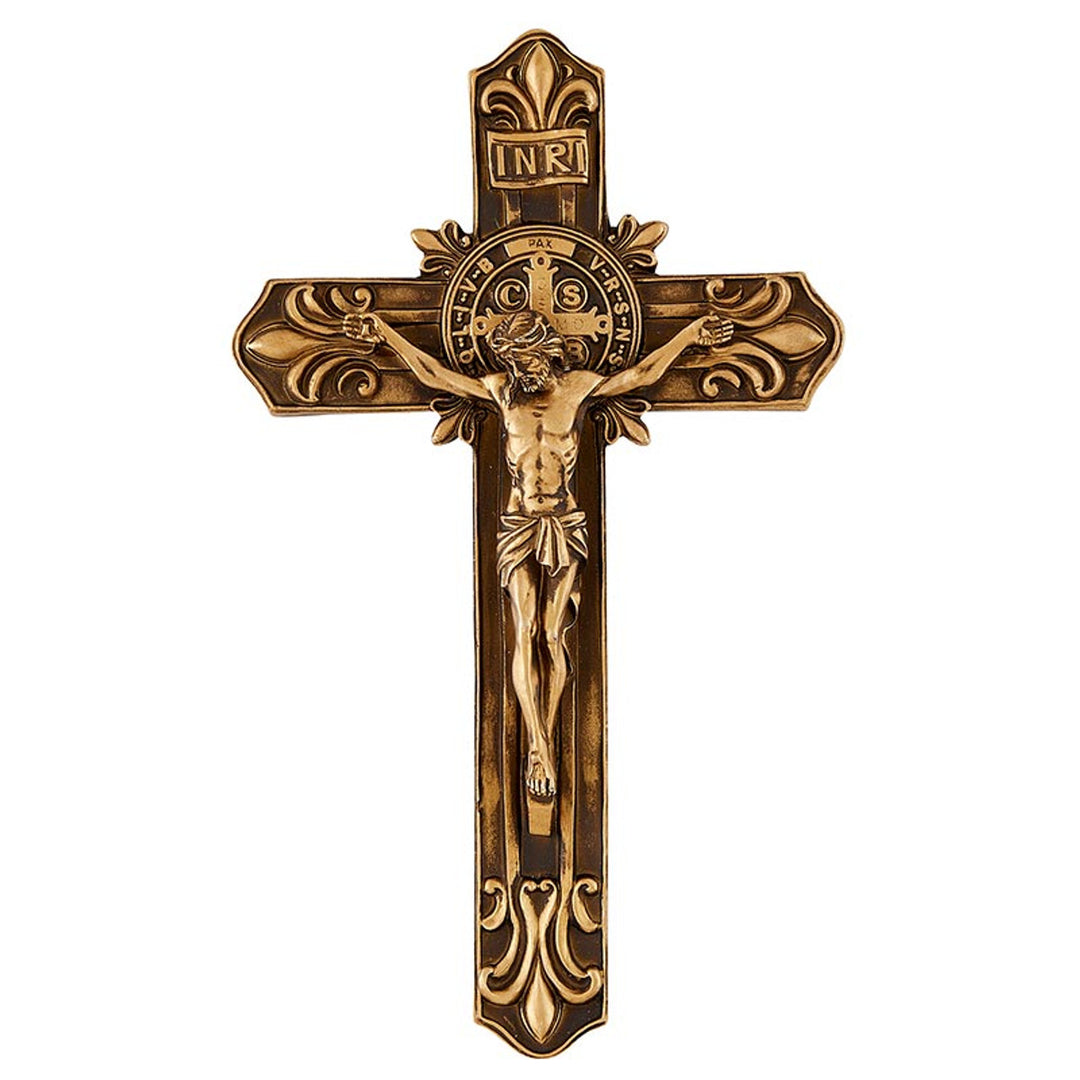 9" St. Benedict Antique Gold Fleur de Lis Wall Crucifix