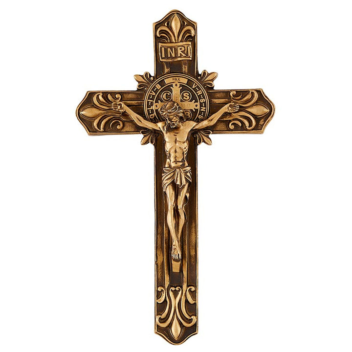 9" St. Benedict Antique Gold Fleur de Lis Wall Crucifix