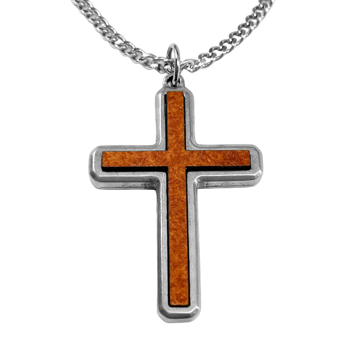 24" Wood Cross Inlay Silver Necklace
