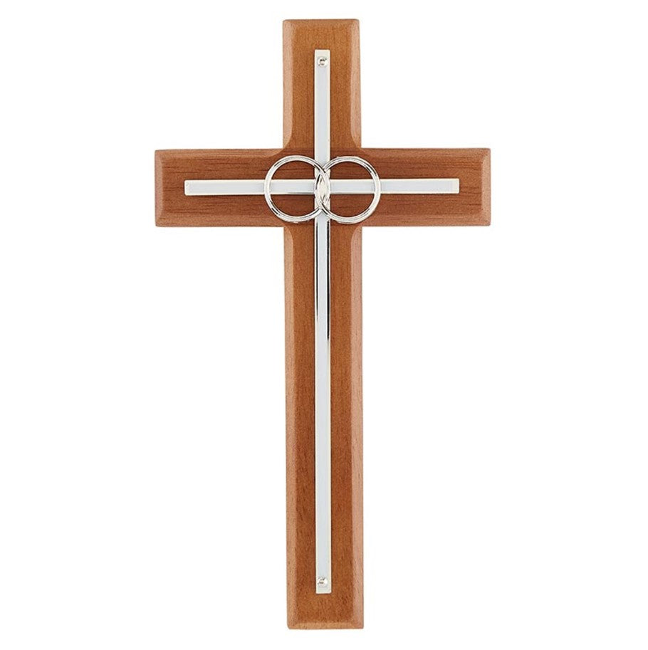 8" Walnut Overlay Wedding Wall Cross with Silver Rings