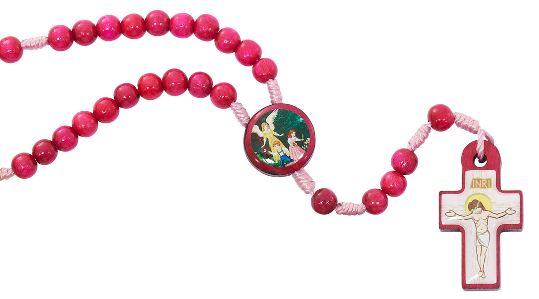 6mm Kid's Guardian Angel Pink Wood Rosary