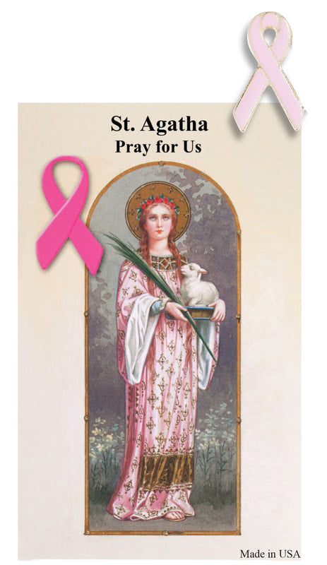 1" Pink Ribbon Lapel Pin with St. Agatha Prayer Card