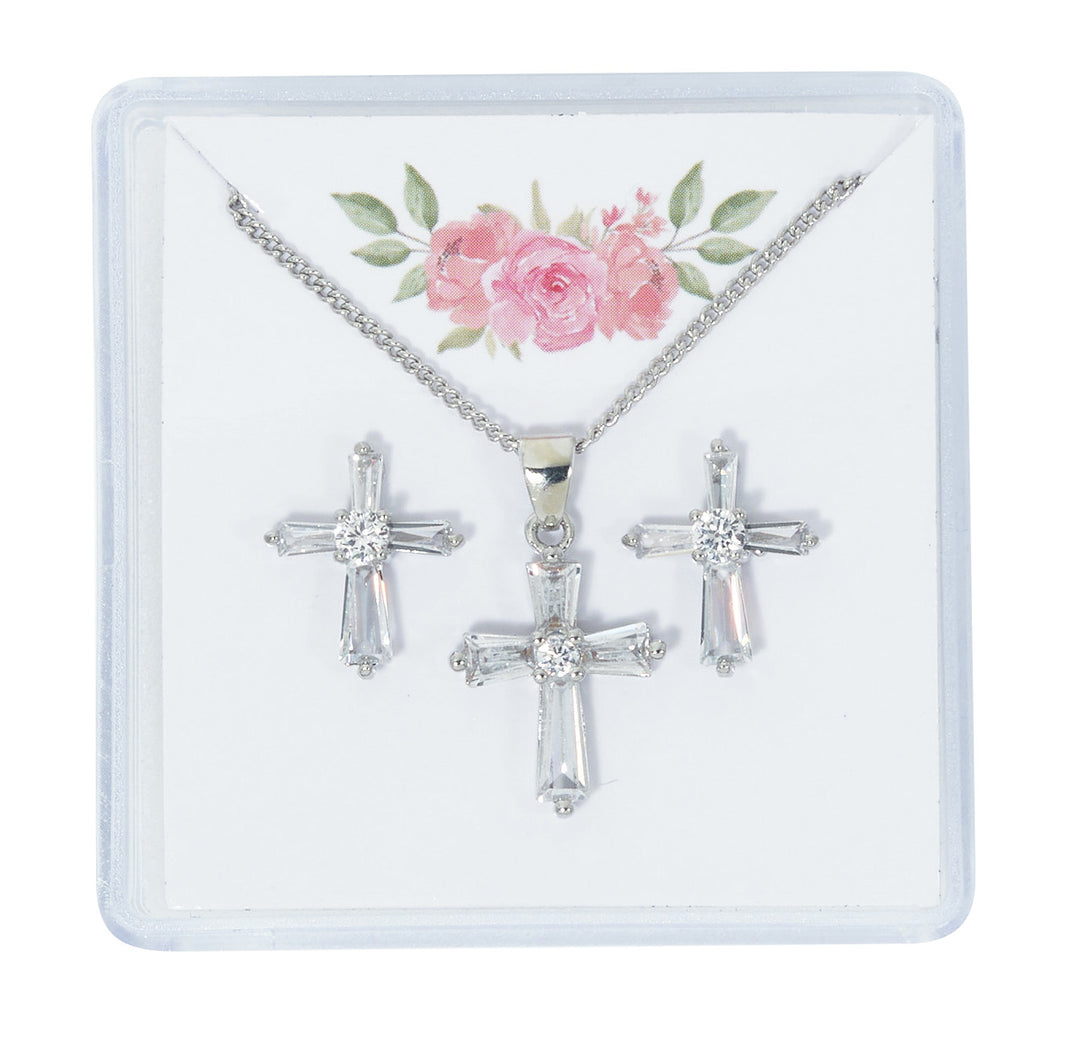 Silver Crystal Baguette Cross Earrings & Necklace Set