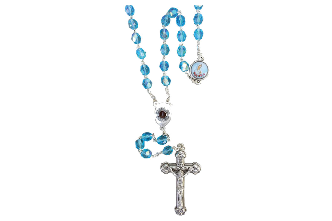 7mm Aqua Crystal Our Lady of Fatima Rosary with Prayer Card