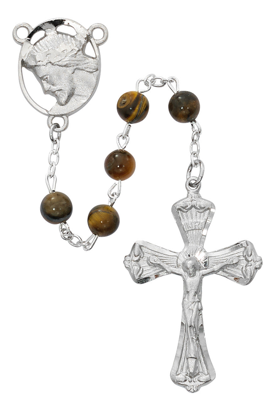 Genuine Tiger Eye Rosary with Rhodium Plated Pewter Center and Crucifix