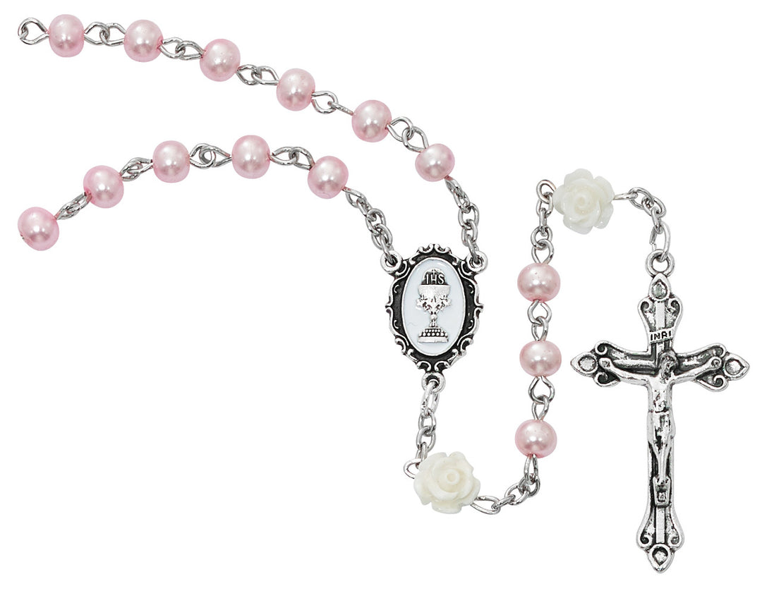 Pink and White Flower Beads Rosary with Chalice Centerpiece