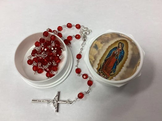 7mm Red Crystal Blessed Mother Rosary with OL Guadalupe Case