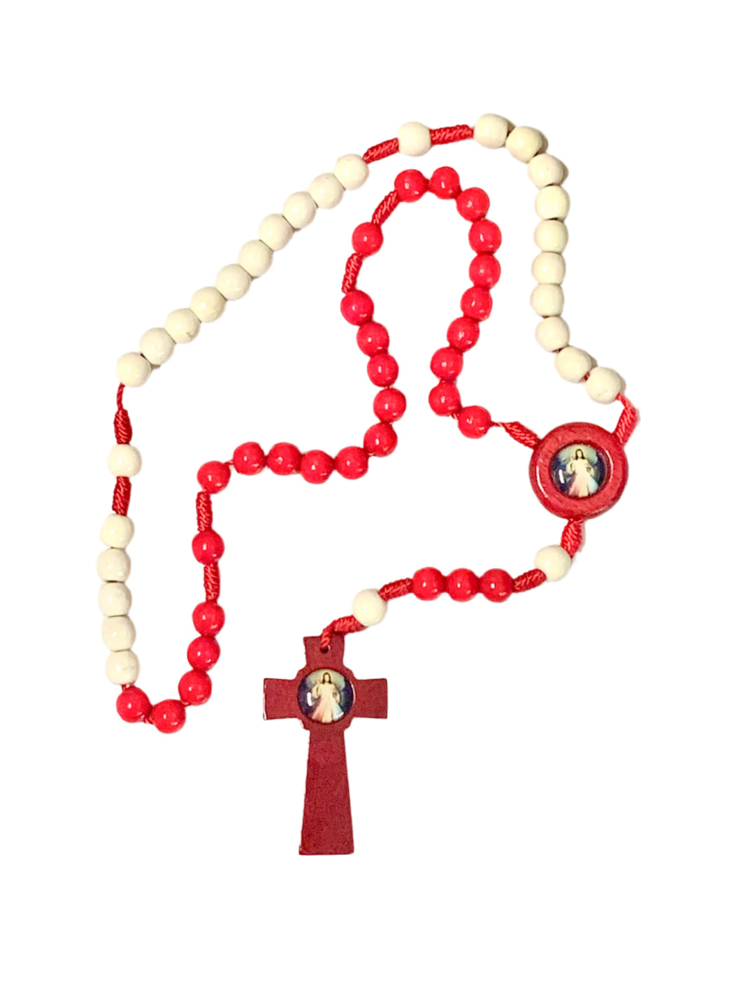 10MM Red & White Wood Divine Mercy Rosary