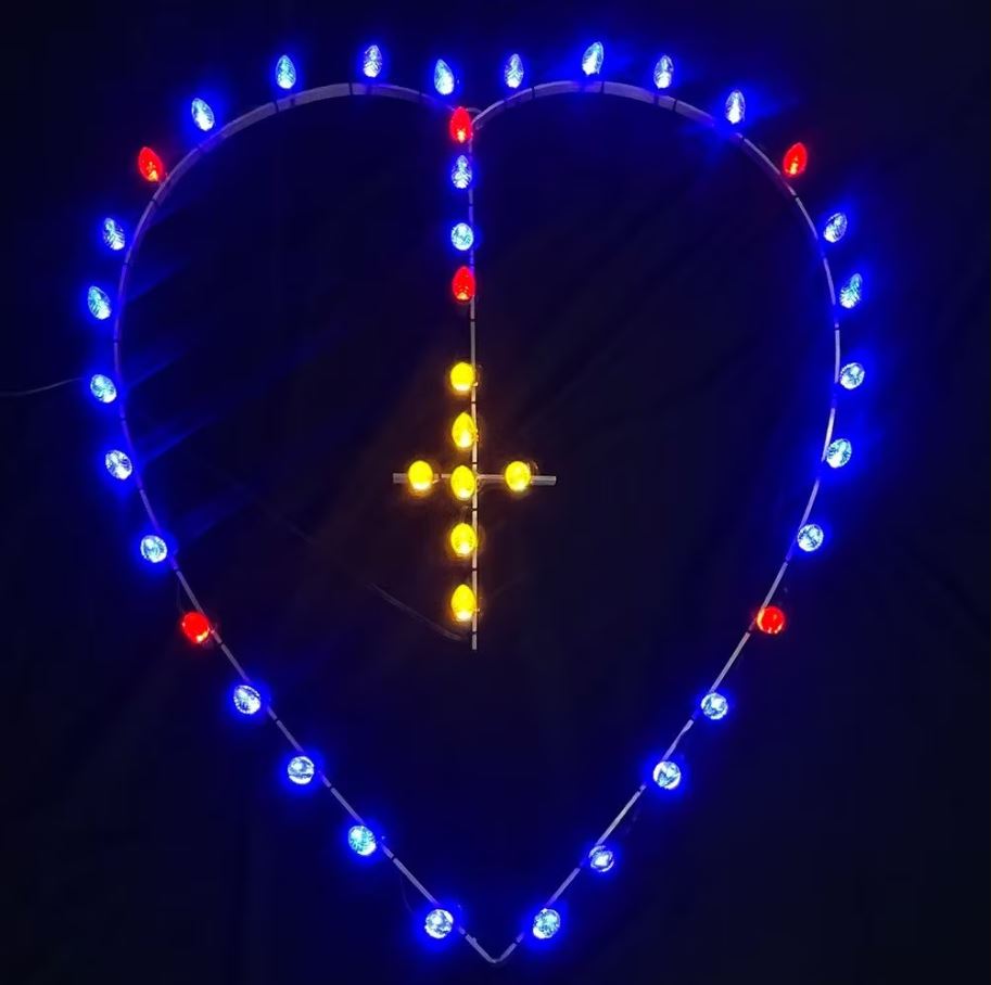 LED Lighted Heart Shaped Outdoor Rosary with a Silver Yellow Cross